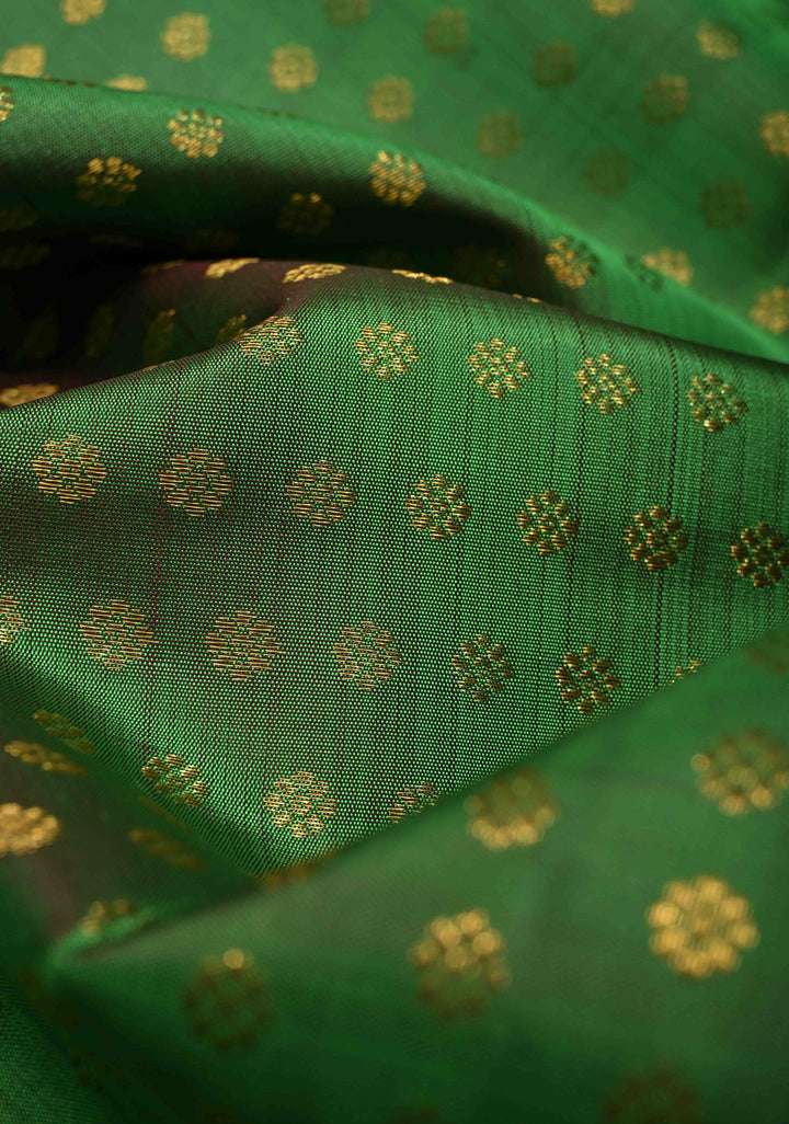 DUPATTA: Pure Kanjivaram Dupatta in Green with Chunri Buttis Brocade and Paisley Zari Borders | SILK MARK CERTIFIED