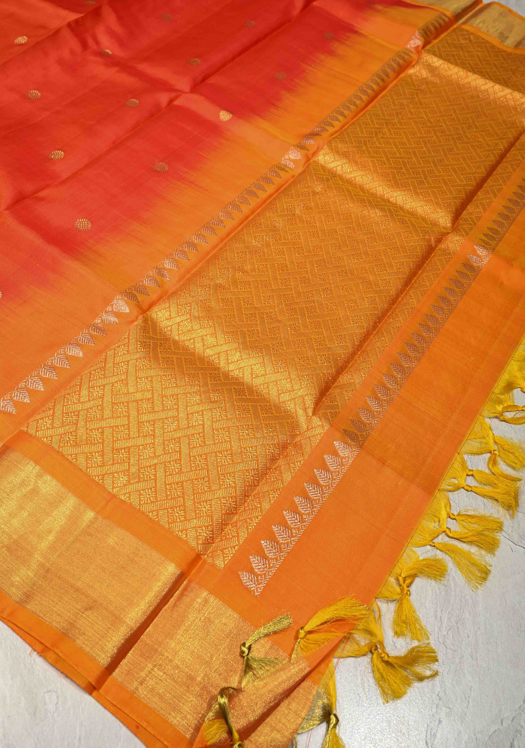 DUPATTA: Flame Orange Pure Kanjivaram Dupatta with Zari Buttas and Zari Border | SILK MARK Certified