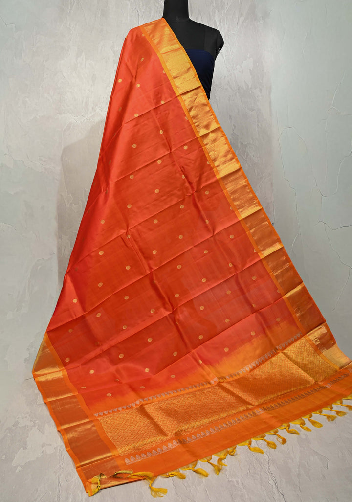 DUPATTA: Flame Orange Pure Kanjivaram Dupatta with Zari Buttas and Zari Border | SILK MARK Certified