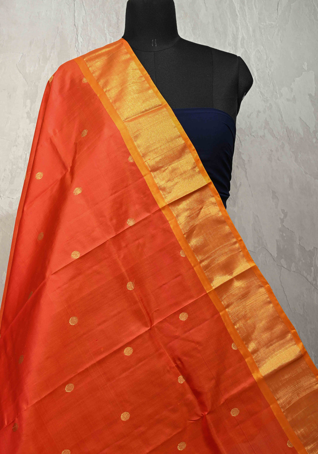 DUPATTA: Flame Orange Pure Kanjivaram Dupatta with Zari Buttas and Zari Border | SILK MARK Certified