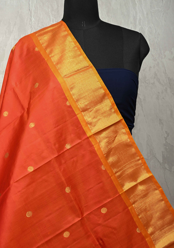 DUPATTA: Flame Orange Pure Kanjivaram Dupatta with Zari Buttas and Zari Border | SILK MARK Certified
