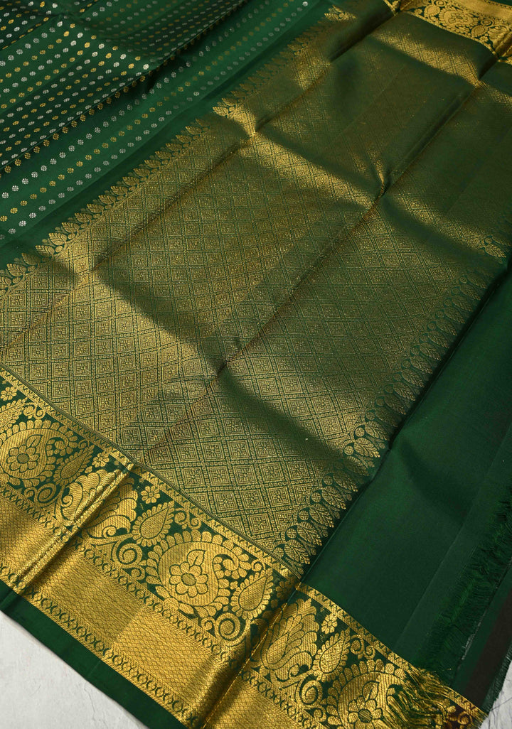 DUPATTA: Green Pure Kanjivaram Dupatta with Gold-Silver Chunri Buttis Brocade and Zari Border | SILK MARK Certified