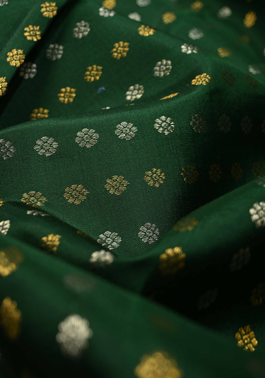 DUPATTA: Green Pure Kanjivaram Dupatta with Gold-Silver Chunri Buttis Brocade and Zari Border | SILK MARK Certified