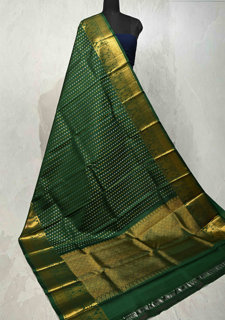 DUPATTA: Green Pure Kanjivaram Dupatta with Gold-Silver Chunri Buttis Brocade and Zari Border | SILK MARK Certified
