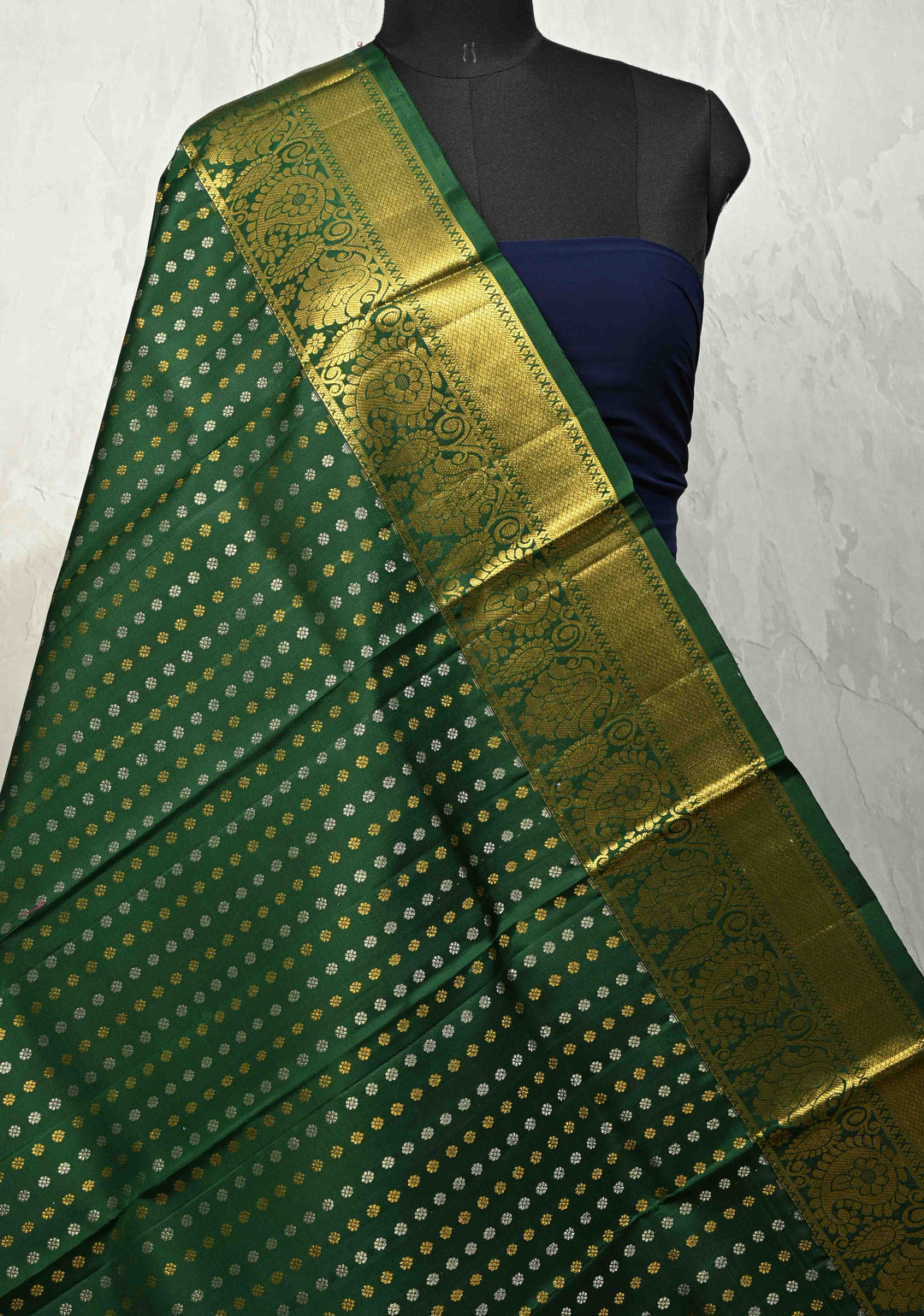 DUPATTA: Green Pure Kanjivaram Dupatta with Gold-Silver Chunri Buttis Brocade and Zari Border | SILK MARK Certified