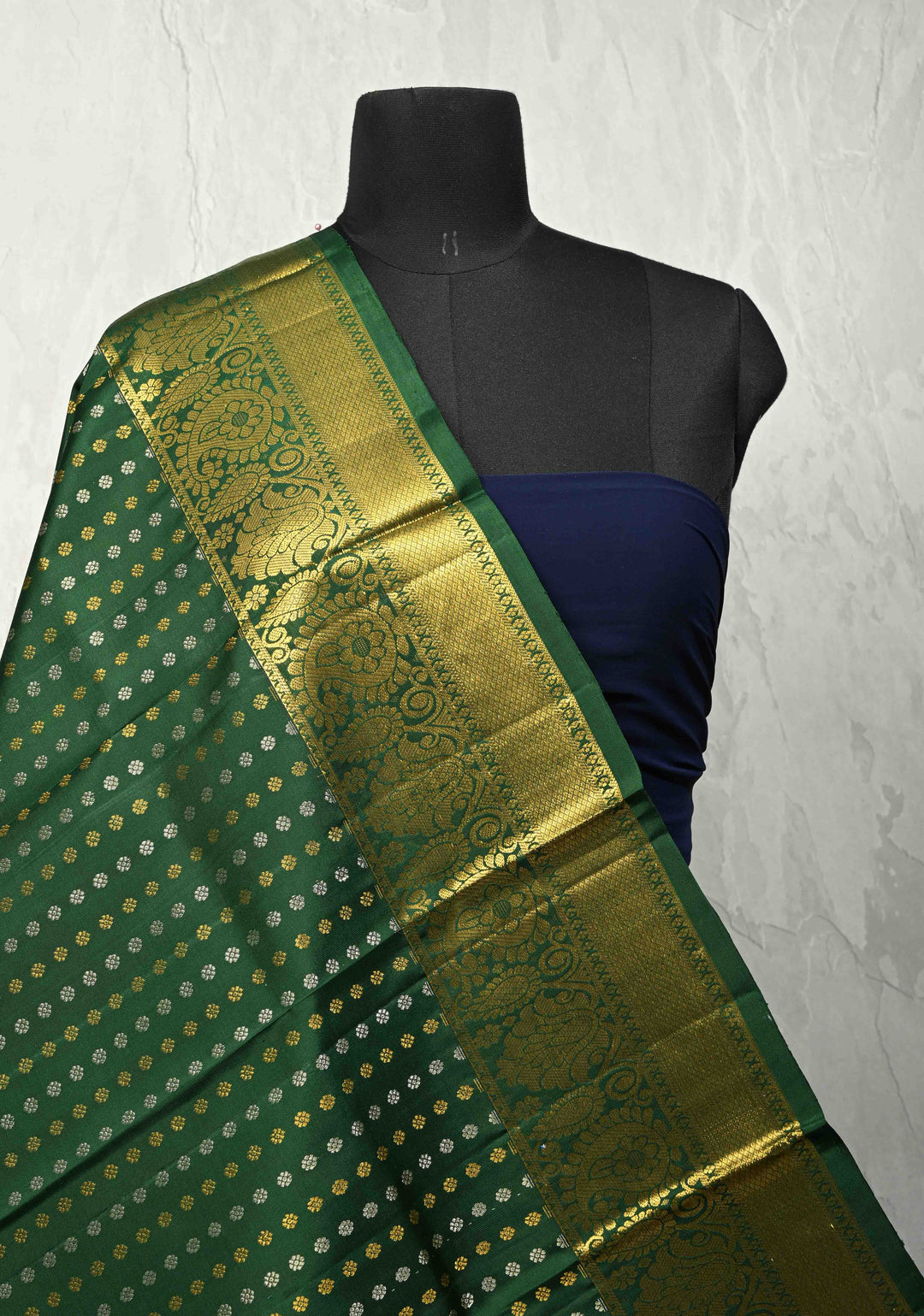 DUPATTA: Green Pure Kanjivaram Dupatta with Gold-Silver Chunri Buttis Brocade and Zari Border | SILK MARK Certified