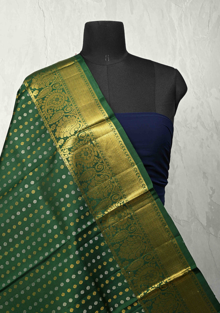 DUPATTA: Green Pure Kanjivaram Dupatta with Gold-Silver Chunri Buttis Brocade and Zari Border | SILK MARK Certified