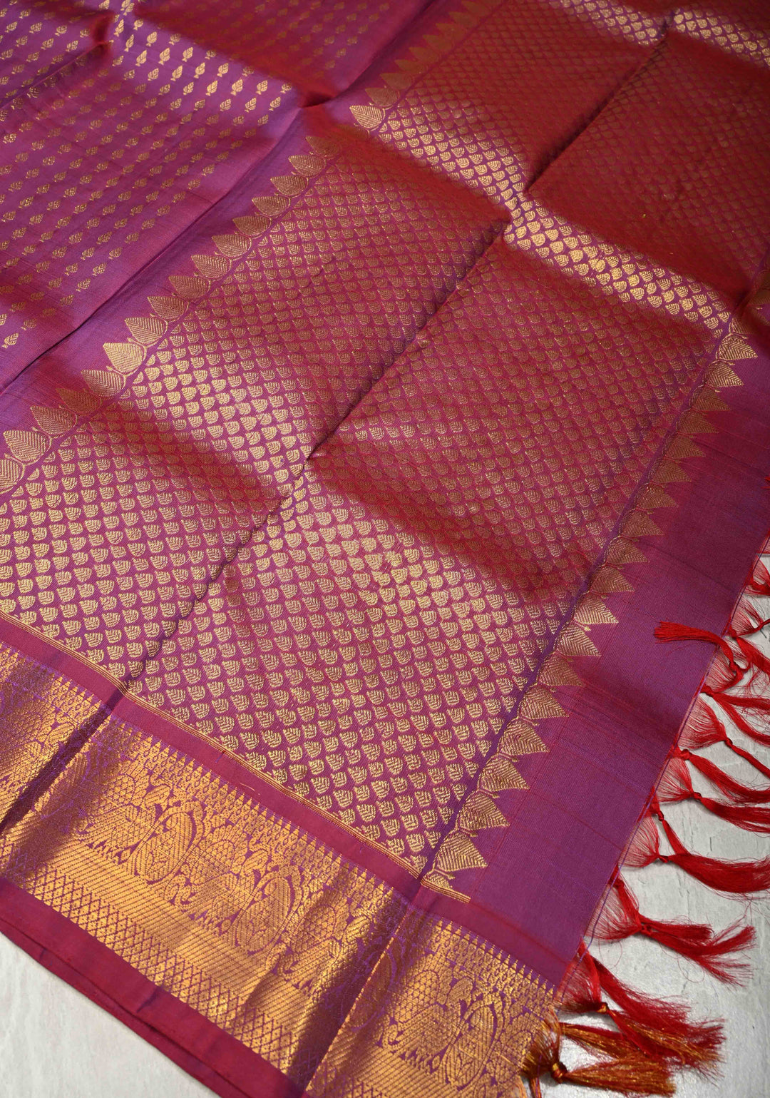 DUPATTA: Pure Kanjivaram Dupatta in Magenta Dual tone with Floral Brocade and Zari Borders | SILK MARK Certified