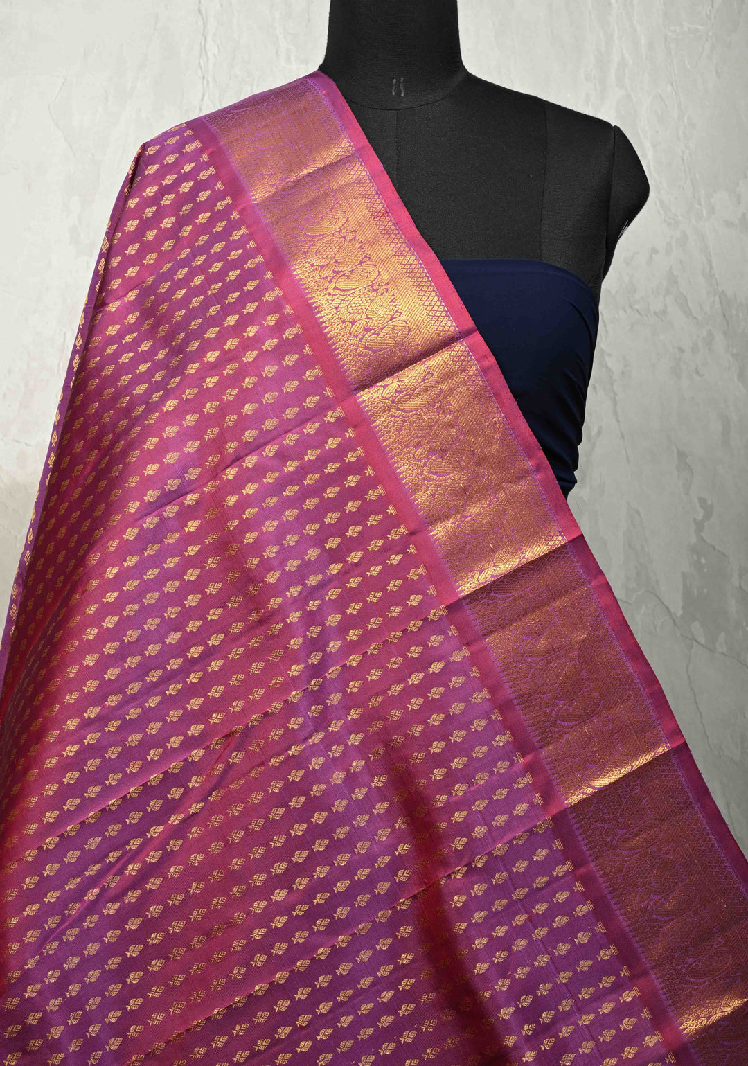 DUPATTA: Pure Kanjivaram Dupatta in Magenta Dual tone with Floral Brocade and Zari Borders | SILK MARK Certified