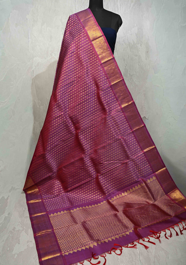DUPATTA: Pure Kanjivaram Dupatta in Magenta Dual tone with Floral Brocade and Zari Borders | SILK MARK Certified