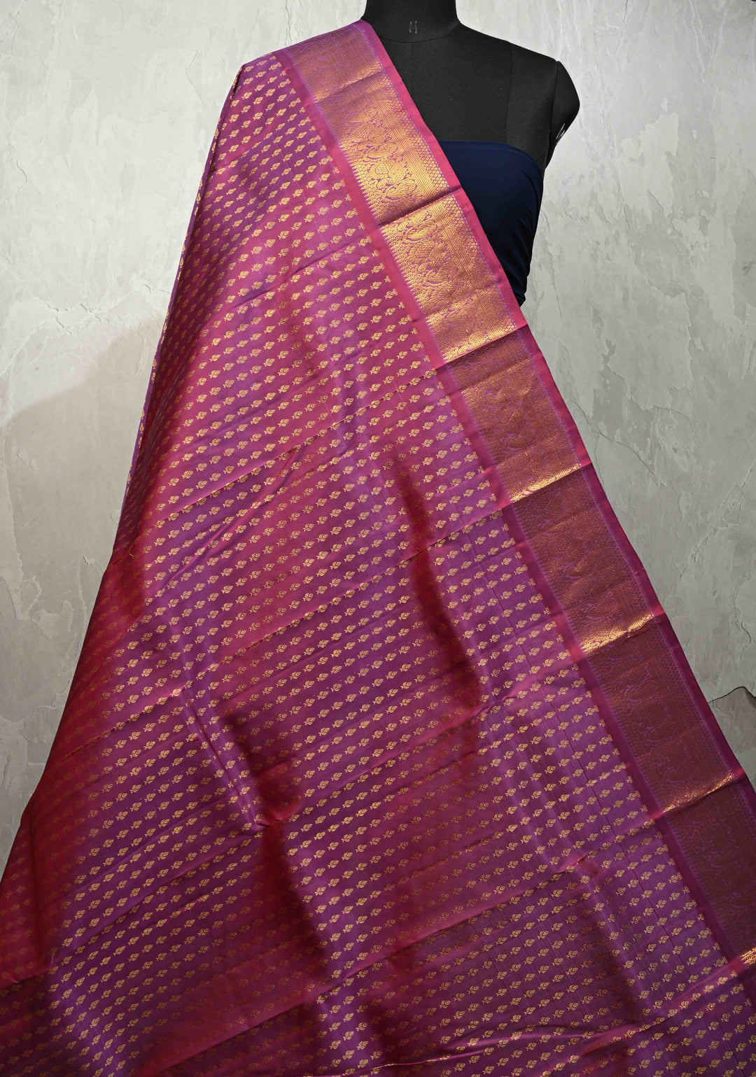 DUPATTA: Pure Kanjivaram Dupatta in Magenta Dual tone with Floral Brocade and Zari Borders | SILK MARK Certified