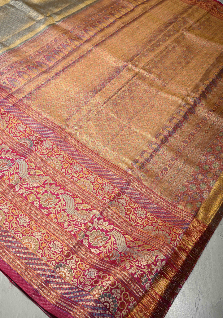 Dusty Sage Green Tissue Kanjivaram Pure Silk Saree with Brocade and Contrast Meenakari Skirt Zari Border | SILK MARK CERTIFIED