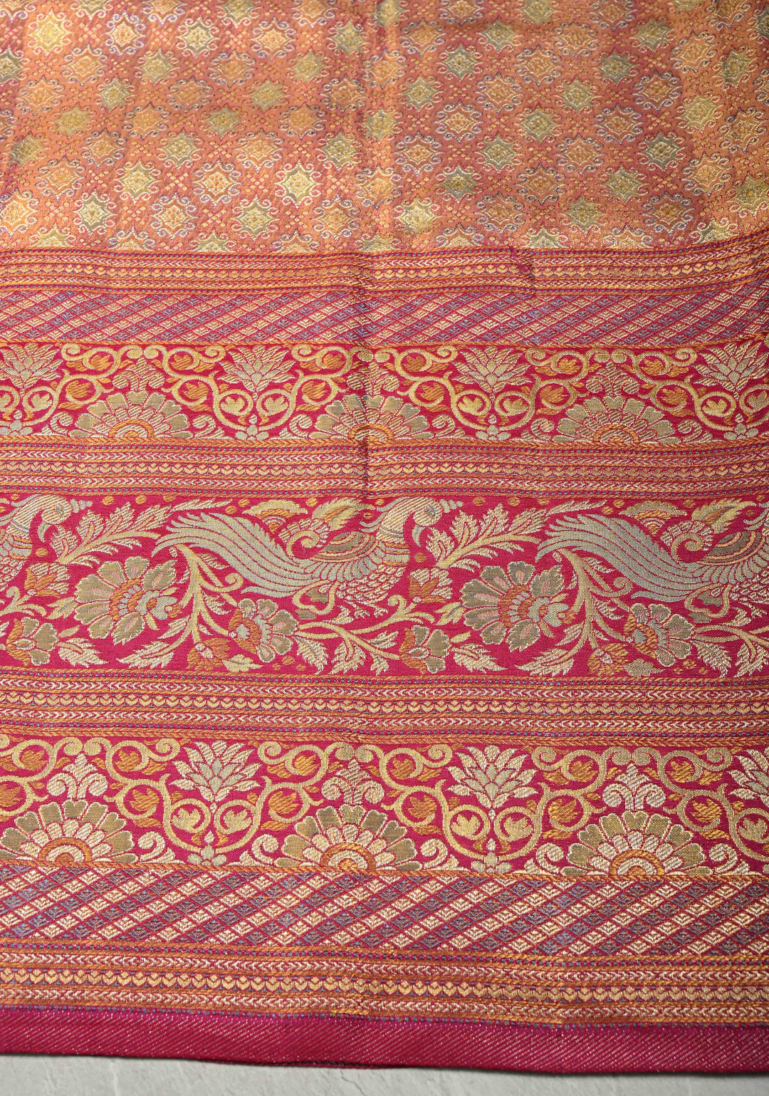 Dusty Sage Green Tissue Kanjivaram Pure Silk Saree with Brocade and Contrast Meenakari Skirt Zari Border | SILK MARK CERTIFIED