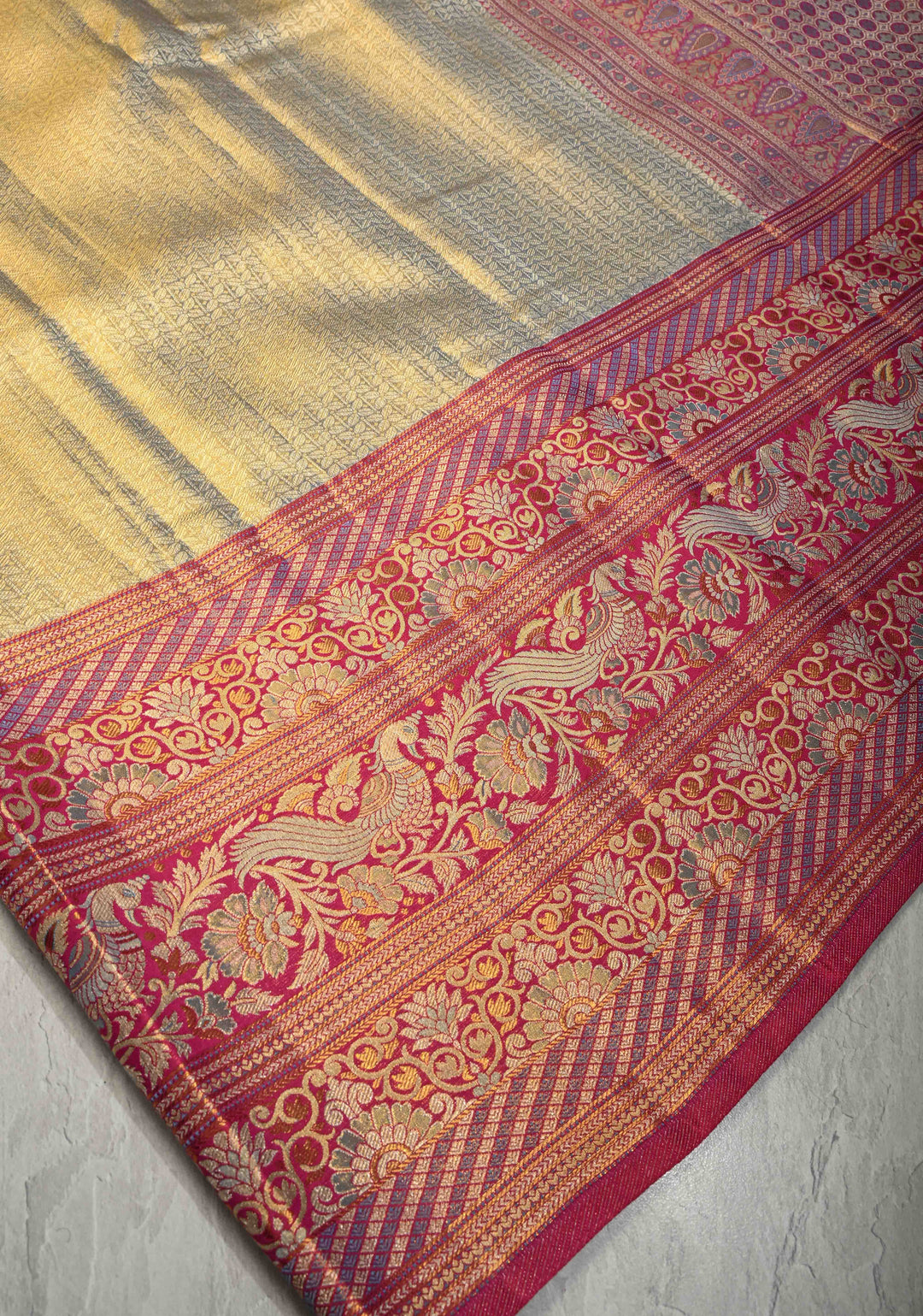 Dusty Sage Green Tissue Kanjivaram Pure Silk Saree with Brocade and Contrast Meenakari Skirt Zari Border | SILK MARK CERTIFIED