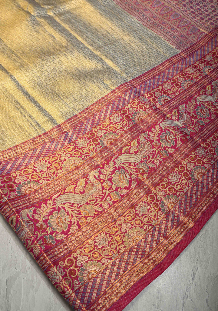 Dusty Sage Green Tissue Kanjivaram Pure Silk Saree with Brocade and Contrast Meenakari Skirt Zari Border | SILK MARK CERTIFIED