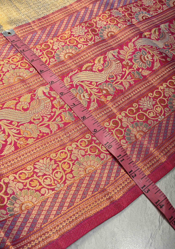 Dusty Sage Green Tissue Kanjivaram Pure Silk Saree with Brocade and Contrast Meenakari Skirt Zari Border | SILK MARK CERTIFIED