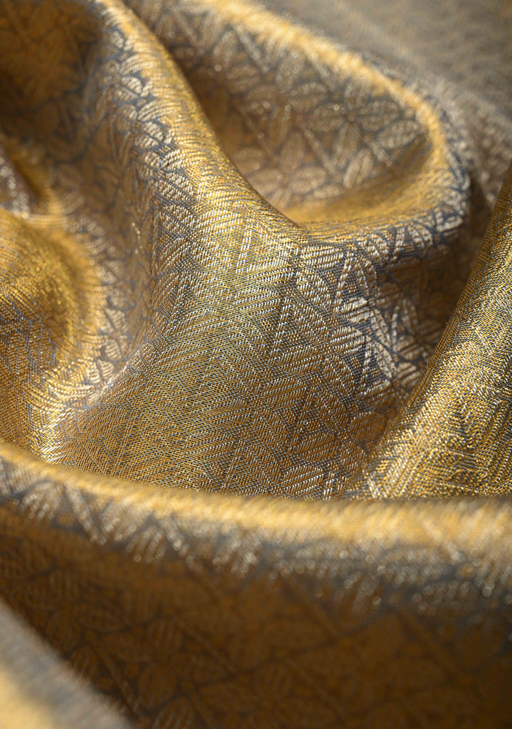 Dusty Sage Green Tissue Kanjivaram Pure Silk Saree with Brocade and Contrast Meenakari Skirt Zari Border | SILK MARK CERTIFIED