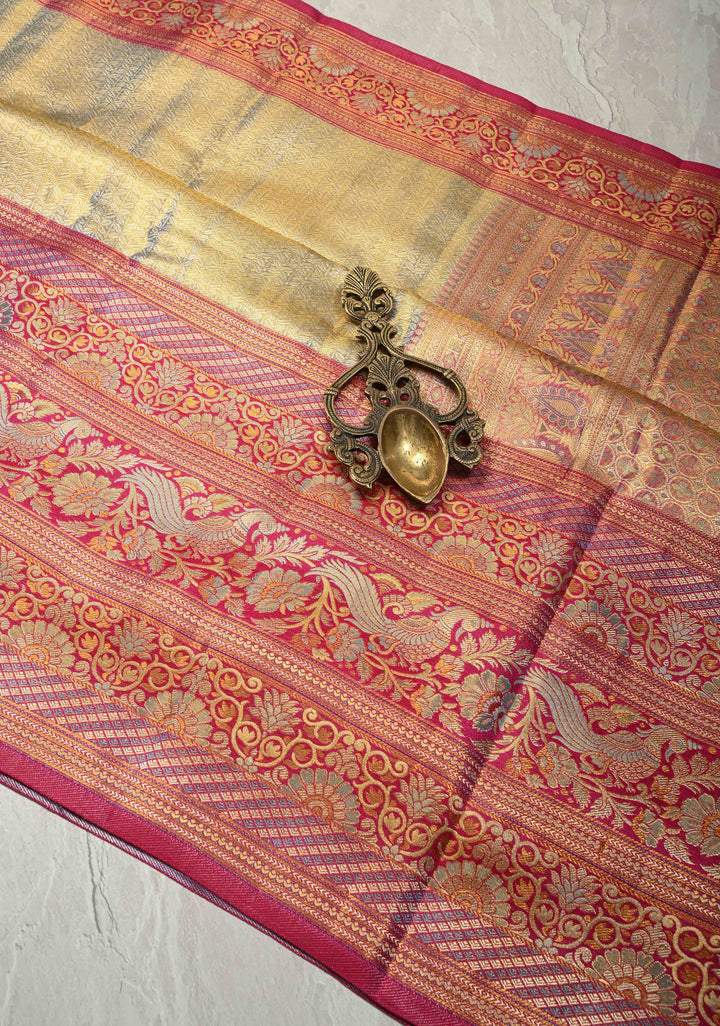 Dusty Sage Green Tissue Kanjivaram Pure Silk Saree with Brocade and Contrast Meenakari Skirt Zari Border | SILK MARK CERTIFIED