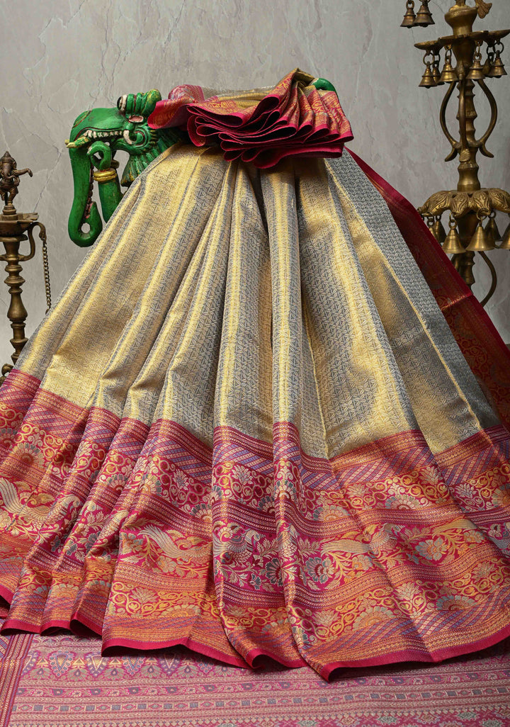 Dusty Sage Green Tissue Kanjivaram Pure Silk Saree with Brocade and Contrast Meenakari Skirt Zari Border | SILK MARK CERTIFIED