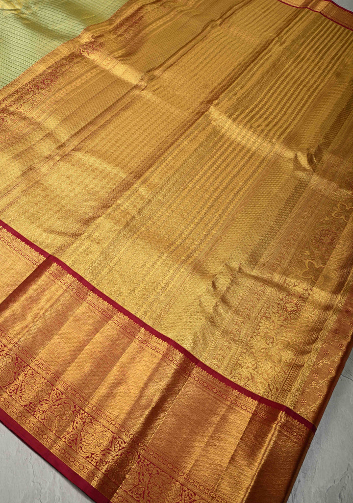 Pistachio Green Kanjivaram Silk Saree with Horizontal Wavy Zari and Contrast Border | SILK MARK CERTIFIED