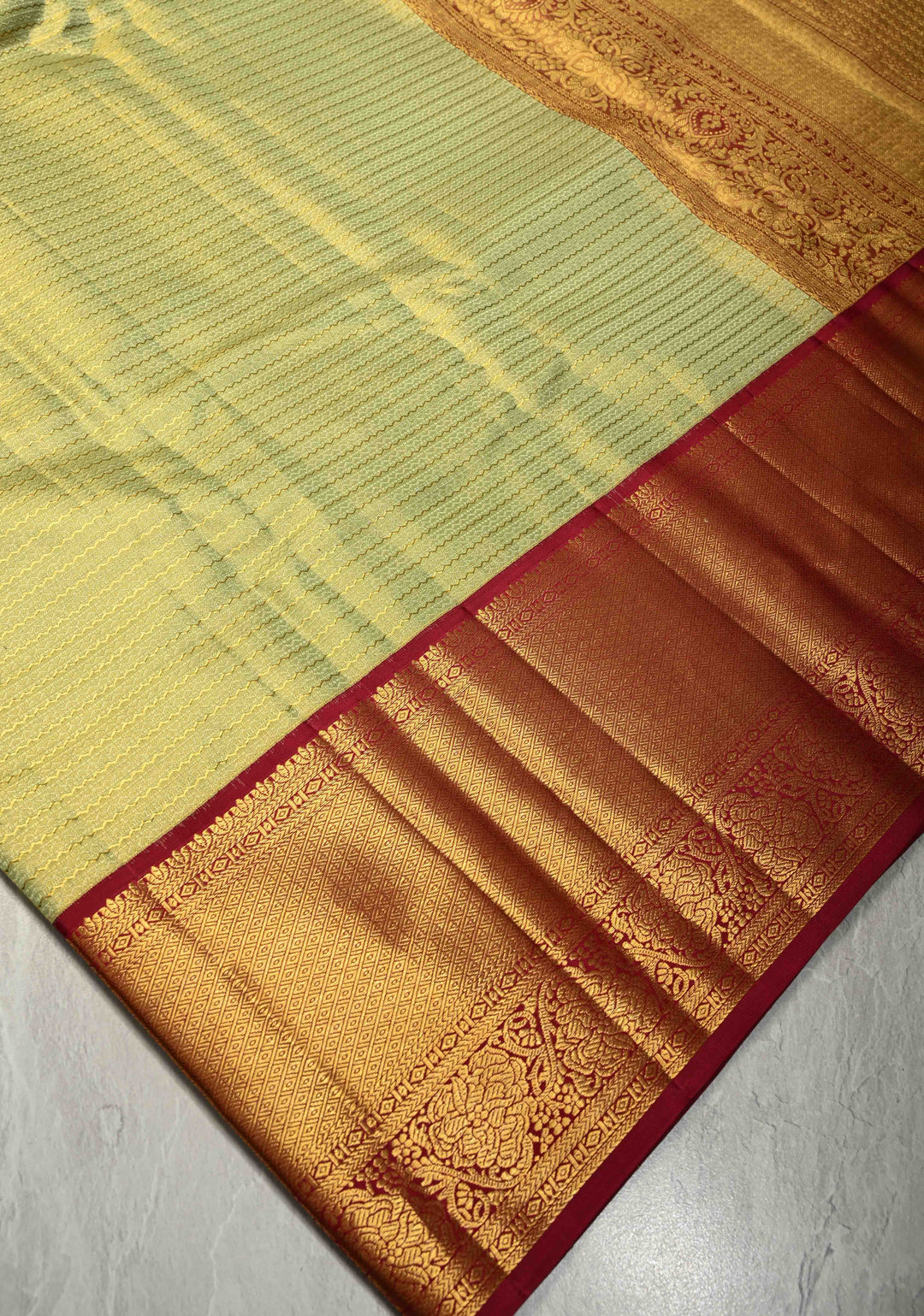 Pistachio Green Kanjivaram Silk Saree with Horizontal Wavy Zari and Contrast Border | SILK MARK CERTIFIED