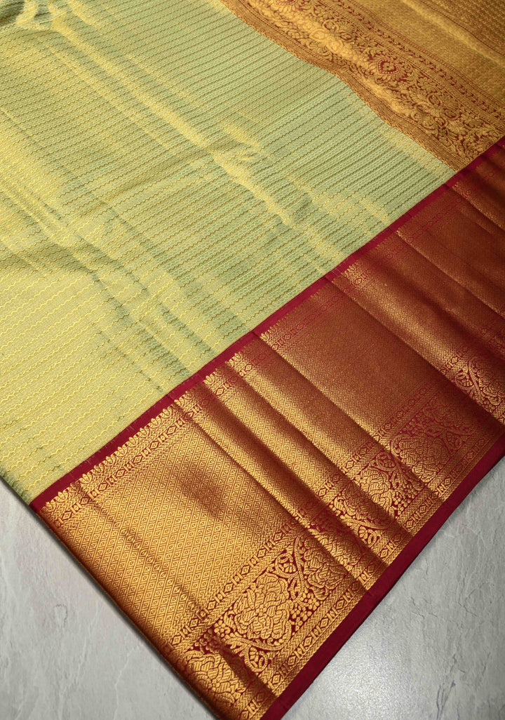 Pistachio Green Kanjivaram Silk Saree with Horizontal Wavy Zari and Contrast Border | SILK MARK CERTIFIED
