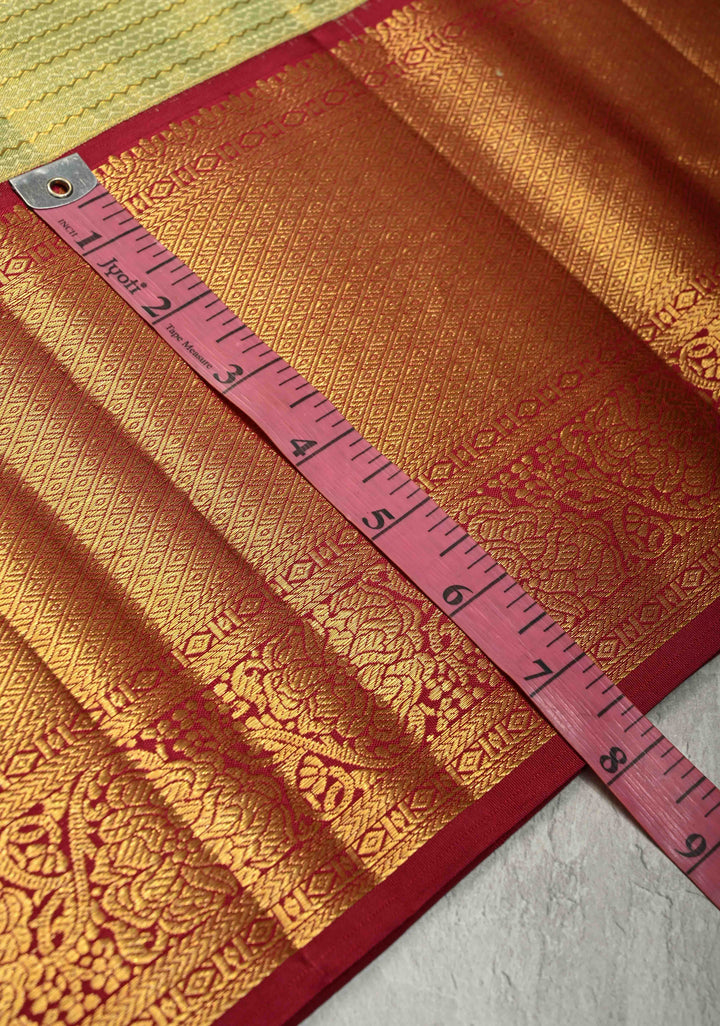 Pistachio Green Kanjivaram Silk Saree with Horizontal Wavy Zari and Contrast Border | SILK MARK CERTIFIED