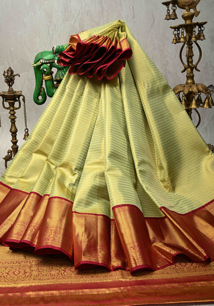 Pistachio Green Kanjivaram Silk Saree with Horizontal Wavy Zari and Contrast Border | SILK MARK CERTIFIED