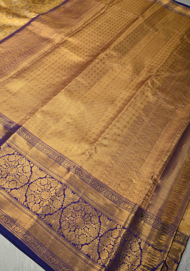 Gold Tissue Kanjivaram Pure Silk Saree with Floral Brocade and Contrast Wide Zari Border | SILK MARK CERTIFIED | SHOBITAM