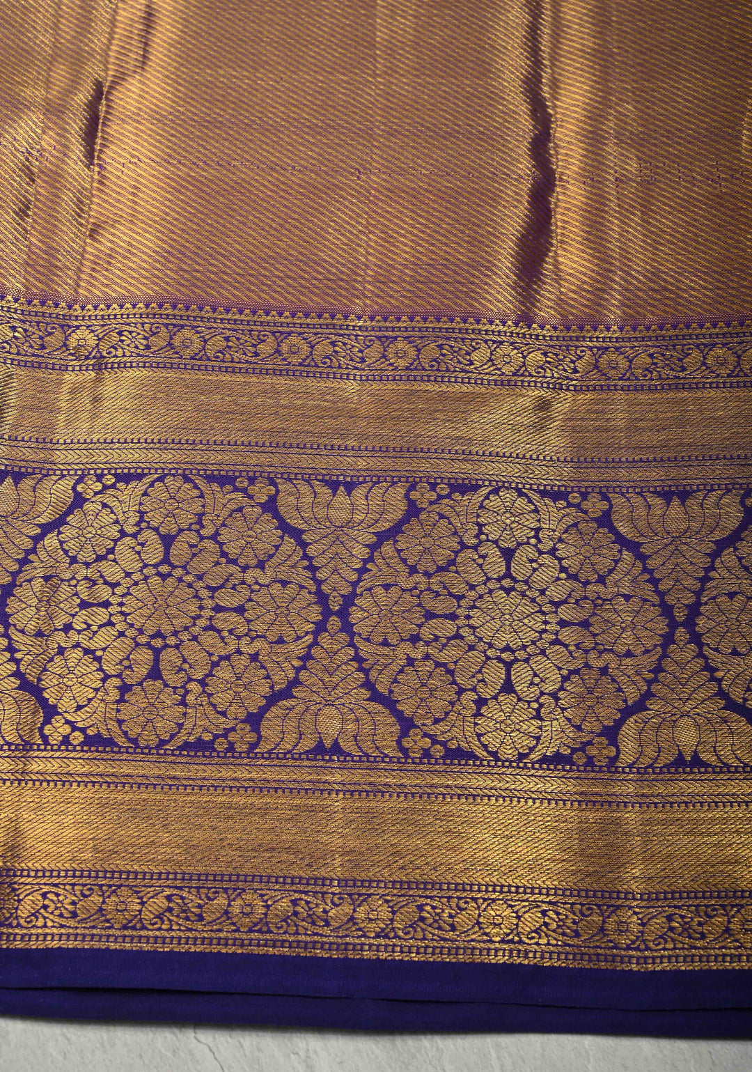 Gold Tissue Kanjivaram Pure Silk Saree with Floral Brocade and Contrast Wide Zari Border | SILK MARK CERTIFIED | SHOBITAM