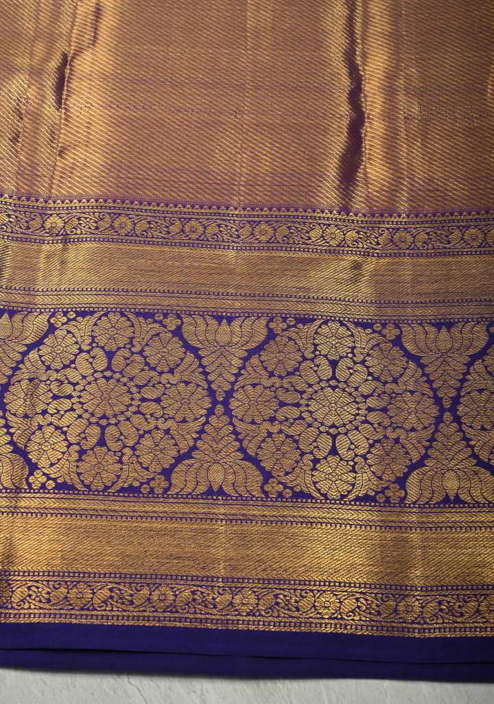 Gold Tissue Kanjivaram Pure Silk Saree with Floral Brocade and Contrast Wide Zari Border | SILK MARK CERTIFIED | SHOBITAM
