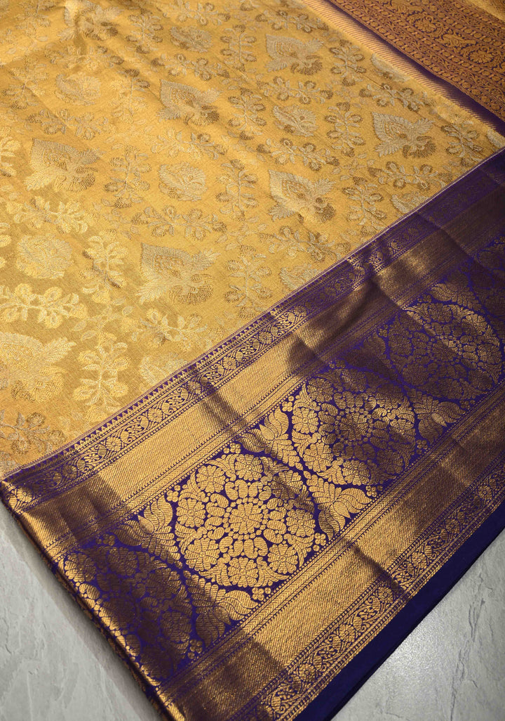 Gold Tissue Kanjivaram Pure Silk Saree with Floral Brocade and Contrast Wide Zari Border | SILK MARK CERTIFIED | SHOBITAM