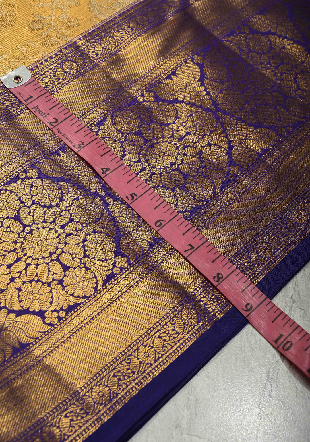 Gold Tissue Kanjivaram Pure Silk Saree with Floral Brocade and Contrast Wide Zari Border | SILK MARK CERTIFIED | SHOBITAM