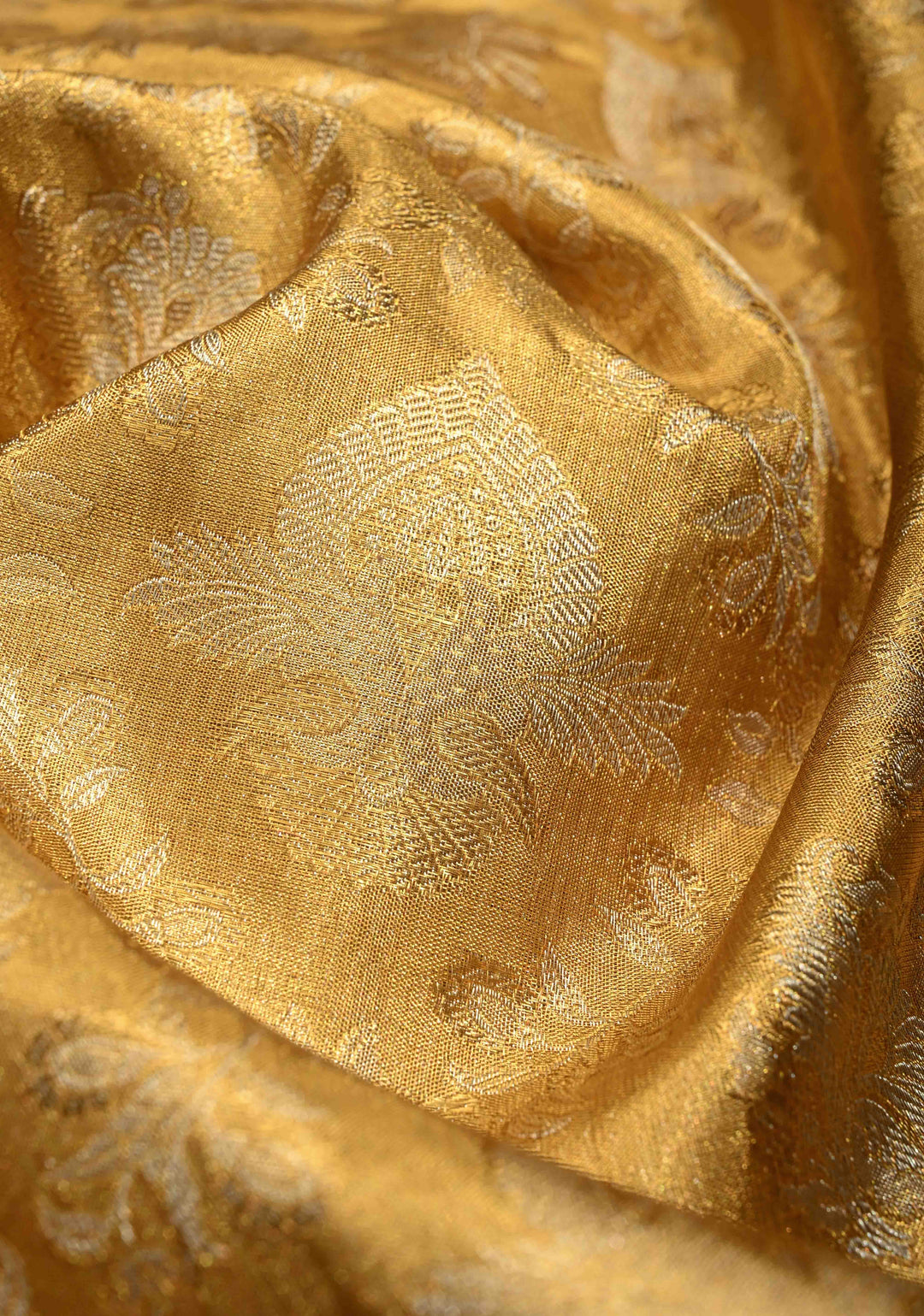 Gold Tissue Kanjivaram Pure Silk Saree with Floral Brocade and Contrast Wide Zari Border | SILK MARK CERTIFIED | SHOBITAM