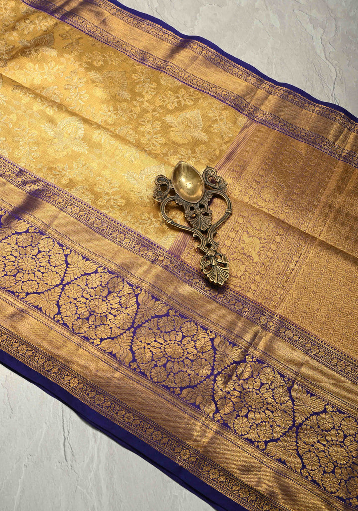 Gold Tissue Kanjivaram Pure Silk Saree with Floral Brocade and Contrast Wide Zari Border | SILK MARK CERTIFIED | SHOBITAM