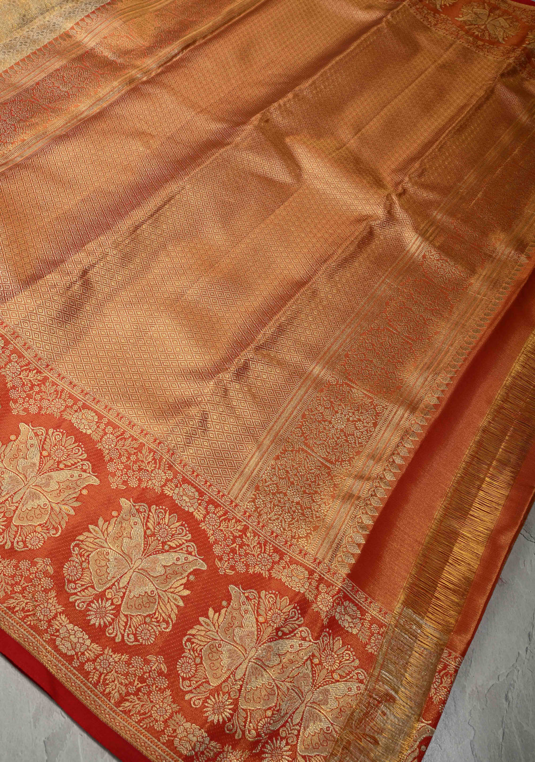 Beige Tissue Kanjivaram Pure Silk Saree with Meenakari Floral Brocade and Contrast Butterfly Zari Border | SILK MARK CERTIFIED