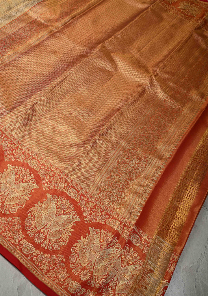 Beige Tissue Kanjivaram Pure Silk Saree with Meenakari Floral Brocade and Contrast Butterfly Zari Border | SILK MARK CERTIFIED