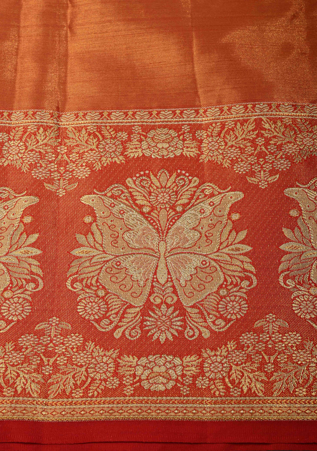 Beige Tissue Kanjivaram Pure Silk Saree with Meenakari Floral Brocade and Contrast Butterfly Zari Border | SILK MARK CERTIFIED