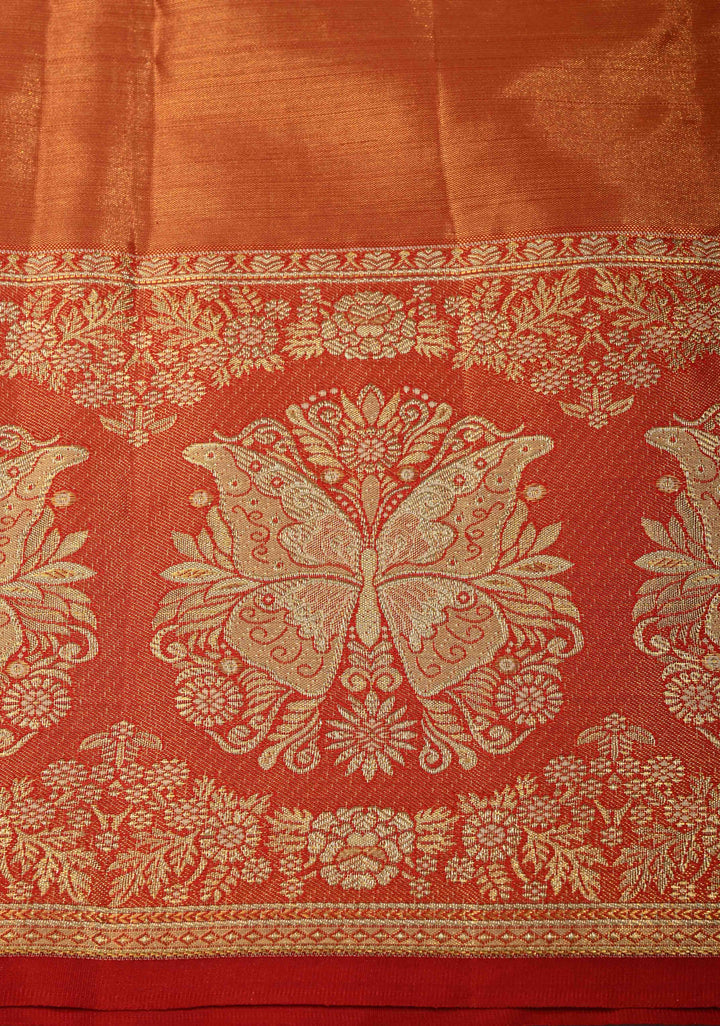 Beige Tissue Kanjivaram Pure Silk Saree with Meenakari Floral Brocade and Contrast Butterfly Zari Border | SILK MARK CERTIFIED