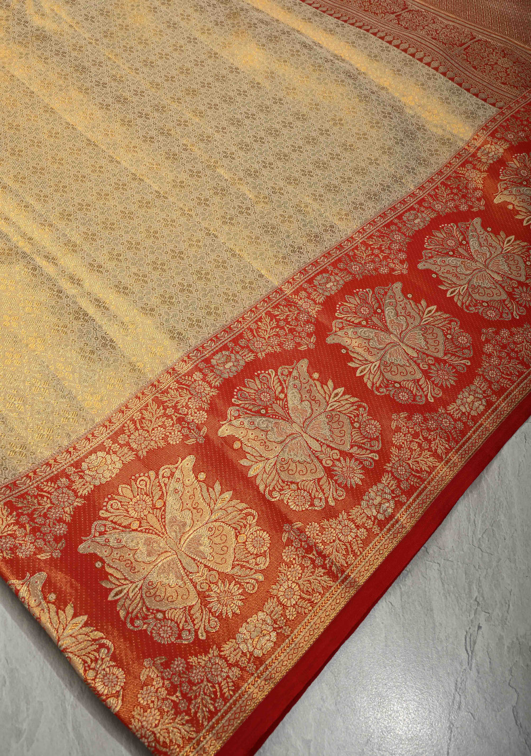 Beige Tissue Kanjivaram Pure Silk Saree with Meenakari Floral Brocade and Contrast Butterfly Zari Border | SILK MARK CERTIFIED