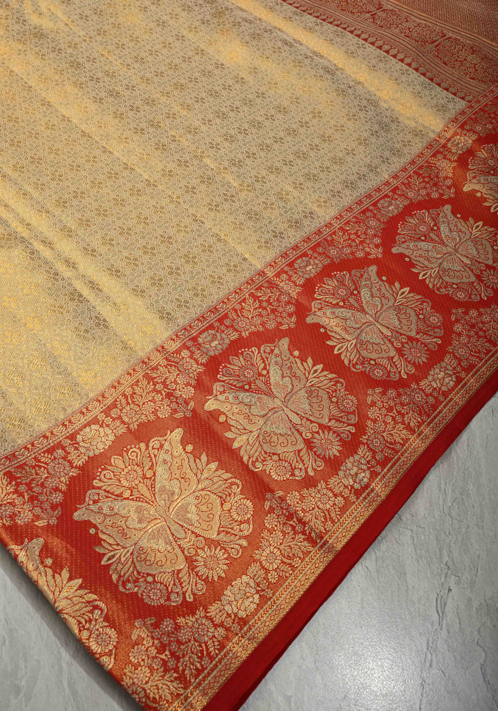 Beige Tissue Kanjivaram Pure Silk Saree with Meenakari Floral Brocade and Contrast Butterfly Zari Border | SILK MARK CERTIFIED