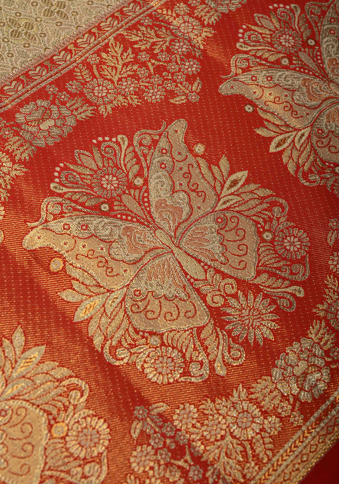 Beige Tissue Kanjivaram Pure Silk Saree with Meenakari Floral Brocade and Contrast Butterfly Zari Border | SILK MARK CERTIFIED