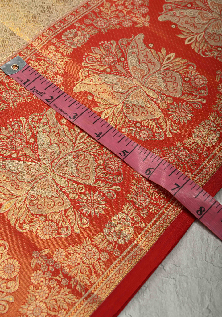 Beige Tissue Kanjivaram Pure Silk Saree with Meenakari Floral Brocade and Contrast Butterfly Zari Border | SILK MARK CERTIFIED