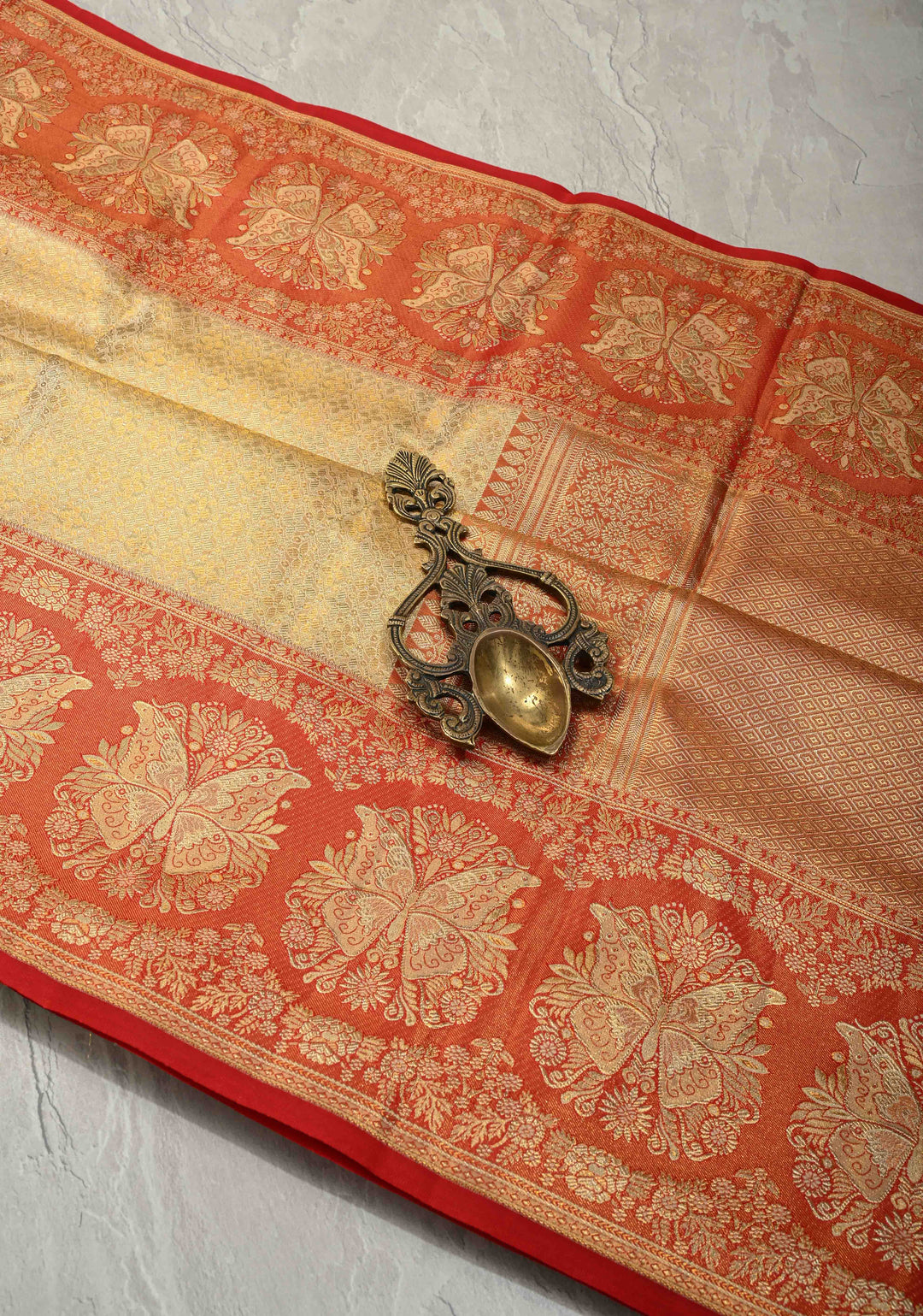 Beige Tissue Kanjivaram Pure Silk Saree with Meenakari Floral Brocade and Contrast Butterfly Zari Border | SILK MARK CERTIFIED