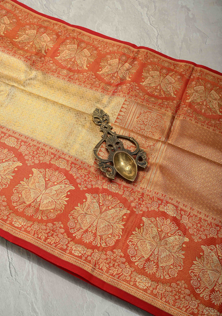 Beige Tissue Kanjivaram Pure Silk Saree with Meenakari Floral Brocade and Contrast Butterfly Zari Border | SILK MARK CERTIFIED