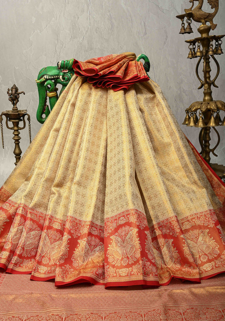 Beige Tissue Kanjivaram Pure Silk Saree with Meenakari Floral Brocade and Contrast Butterfly Zari Border | SILK MARK CERTIFIED