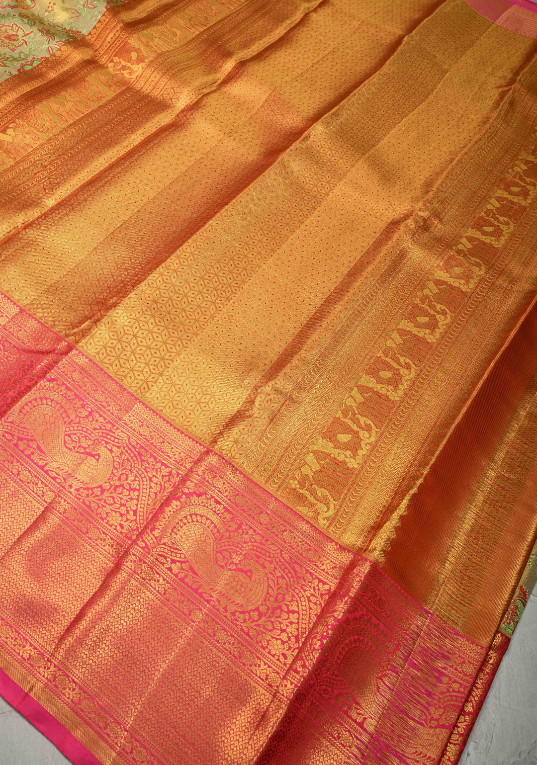 Beige-Green Tissue Kanjivaram Pure Silk Saree with Meenakari Floral Brocade and Contrast Wide Zari Border | SILK MARK CERTIFIED