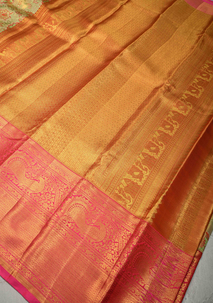 Beige-Green Tissue Kanjivaram Pure Silk Saree with Meenakari Floral Brocade and Contrast Wide Zari Border | SILK MARK CERTIFIED