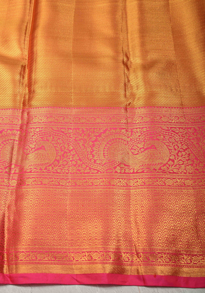 Beige-Green Tissue Kanjivaram Pure Silk Saree with Meenakari Floral Brocade and Contrast Wide Zari Border | SILK MARK CERTIFIED