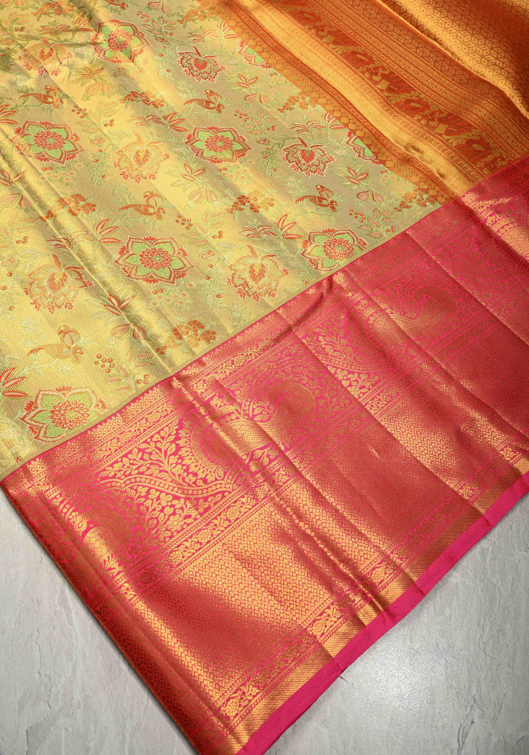 Beige-Green Tissue Kanjivaram Pure Silk Saree with Meenakari Floral Brocade and Contrast Wide Zari Border | SILK MARK CERTIFIED